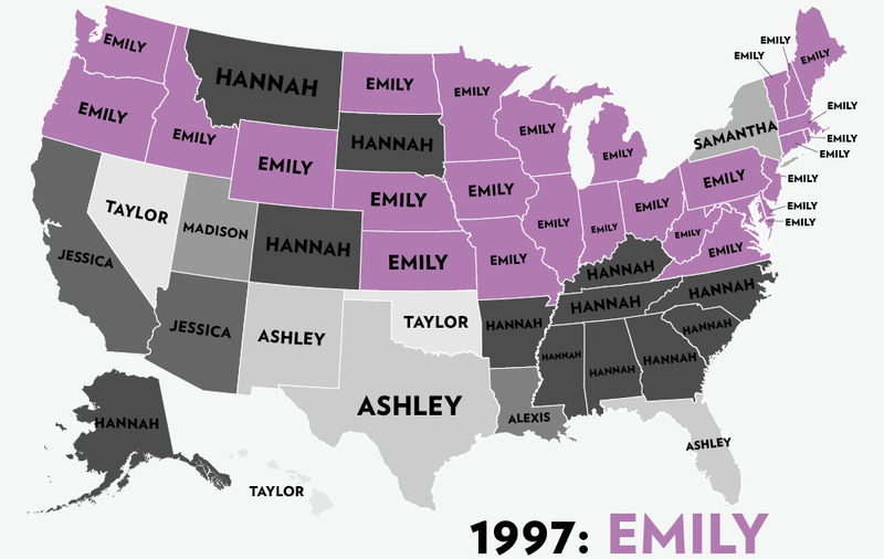 Illustration for article titled Map: Six Decades of the Most Popular Names for Girls, State-by-State